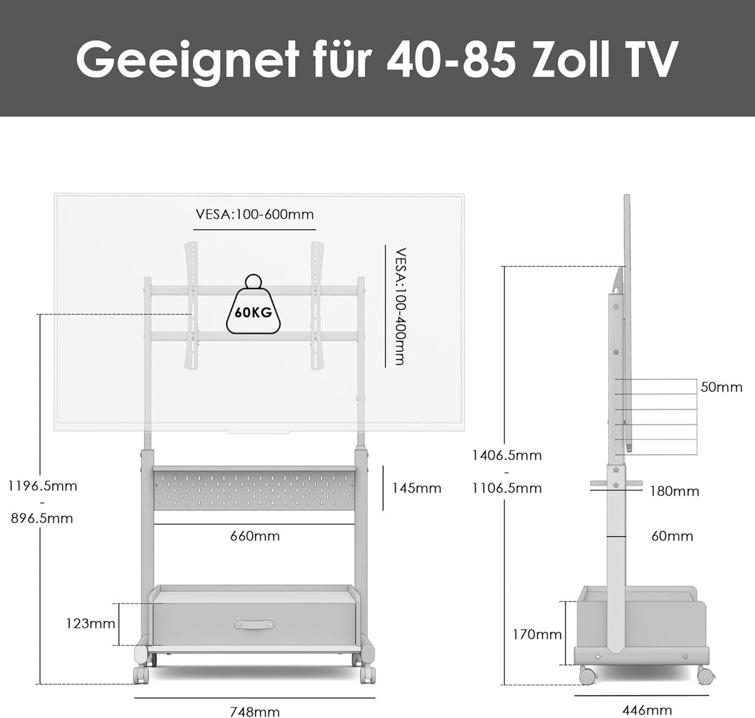FITUEYES TV Ständer Rollbar Höhenverstellbar, Fernsehständer mit Rollen Schublade Ablage Lochwand, T