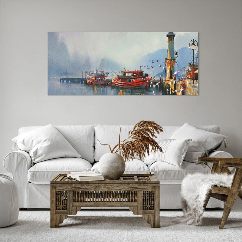 Wandbilder Dekoration Wohnzimmer Hafen Laterne Boot Panorama Bilder auf Leinwand 120x50cm Leinwandbi