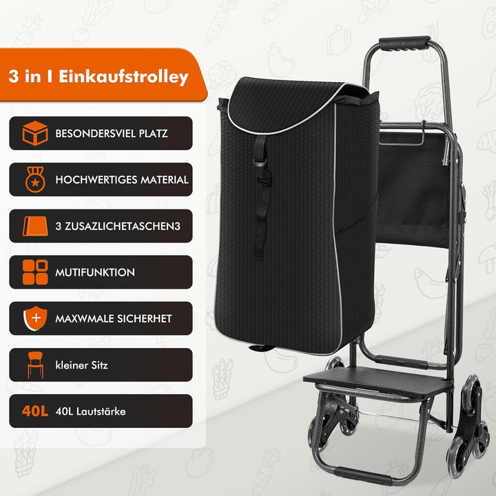 Einkaufstrolley Treppensteiger, Trolly Einkaufswagen Klappbar mit 3 Räder, Wasserdichter, 40L Schwar