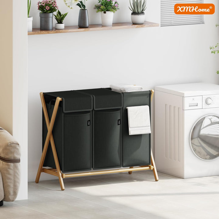 Faltbarer Wäschekorb 148L mit 3 Fächern,Bambus Wäschesammler,X-förmiges Wäsche Sortiersystem mit Dec