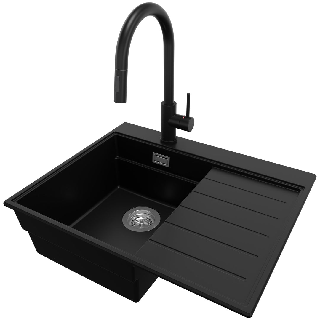 PRIMAGRAN Granitspüle Schwarz 62x50cm, Spülbecken 1 Becken + Küchenarmatur 40x20cm + Ablauf-Set, Küc