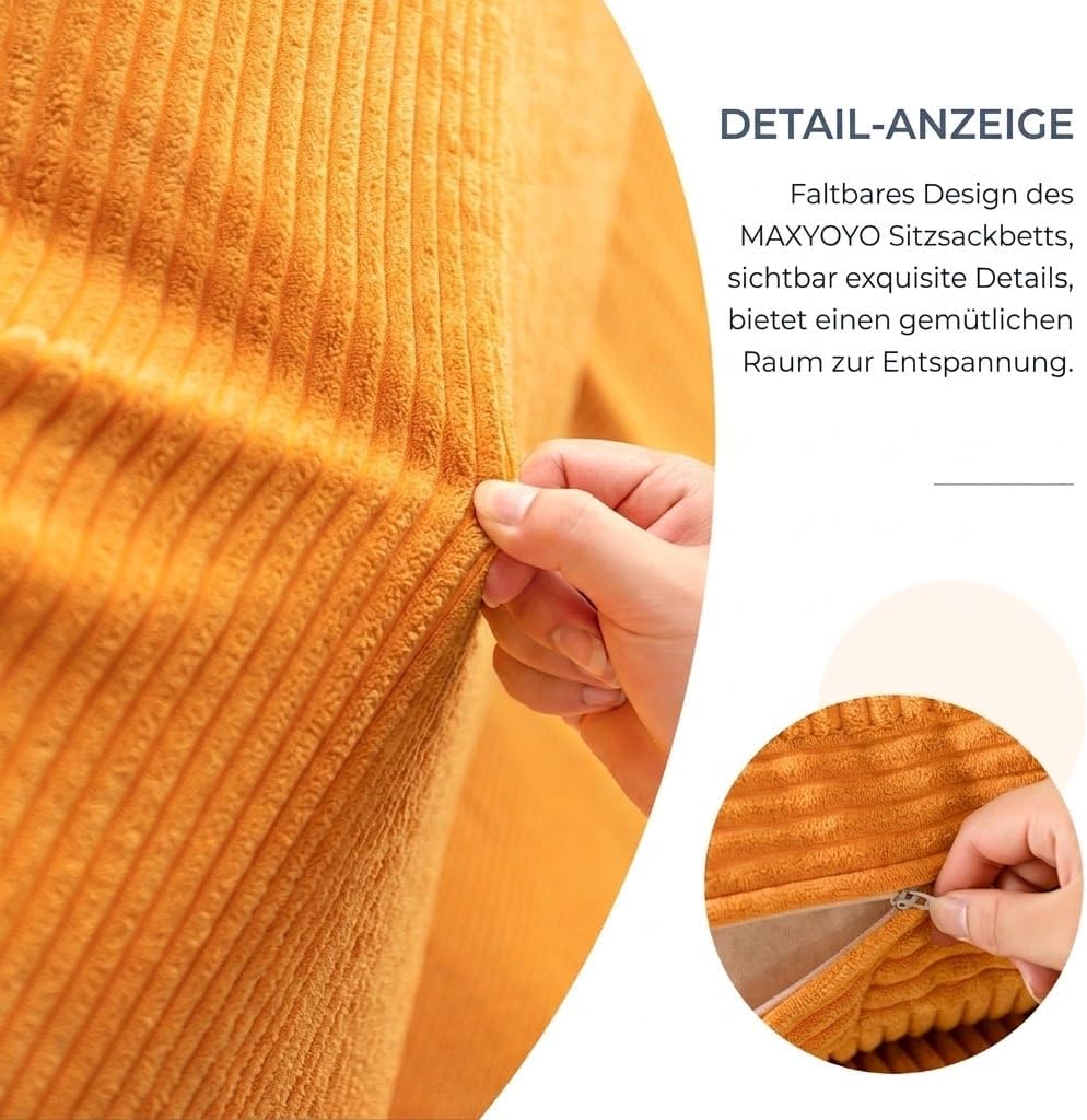 MAXYOYO Sitzsack-Bett, faltbar, Cordsamt, Schlafsofa, Bodenmatratze für Erwachsene, extra dick, 4-Fa