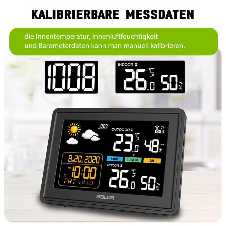 Konsen Wetterstation funk mit Aussensensor DCF Funkuhr, Farbdisplay mit grossen Zahlen von Innen und