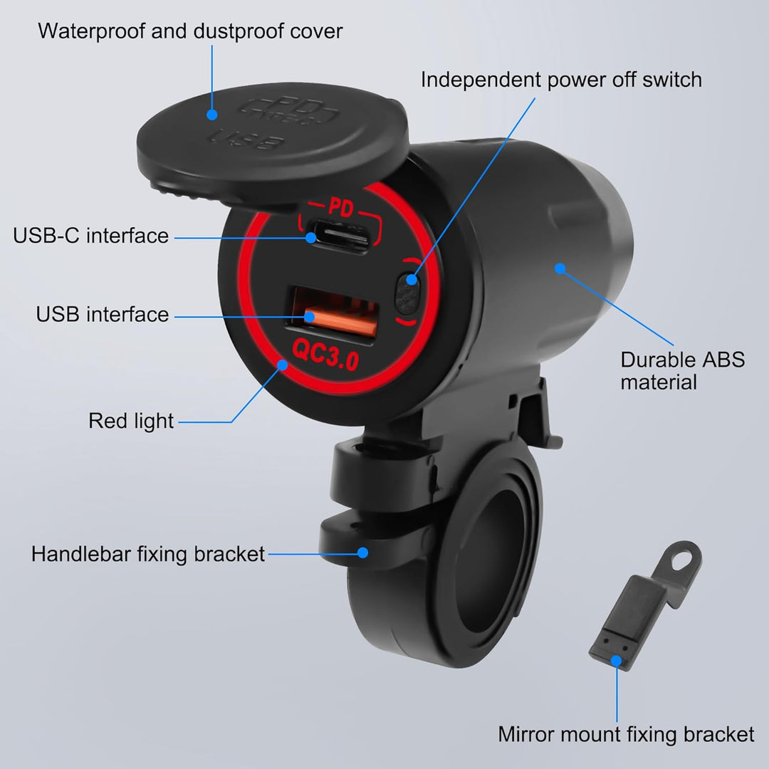 XMSJSIY Motorrad USB-Ladegerät USB-Typ C Schnellladebuchse QC 3.0 18W USB-30W Typ-C Schnellladeadapt