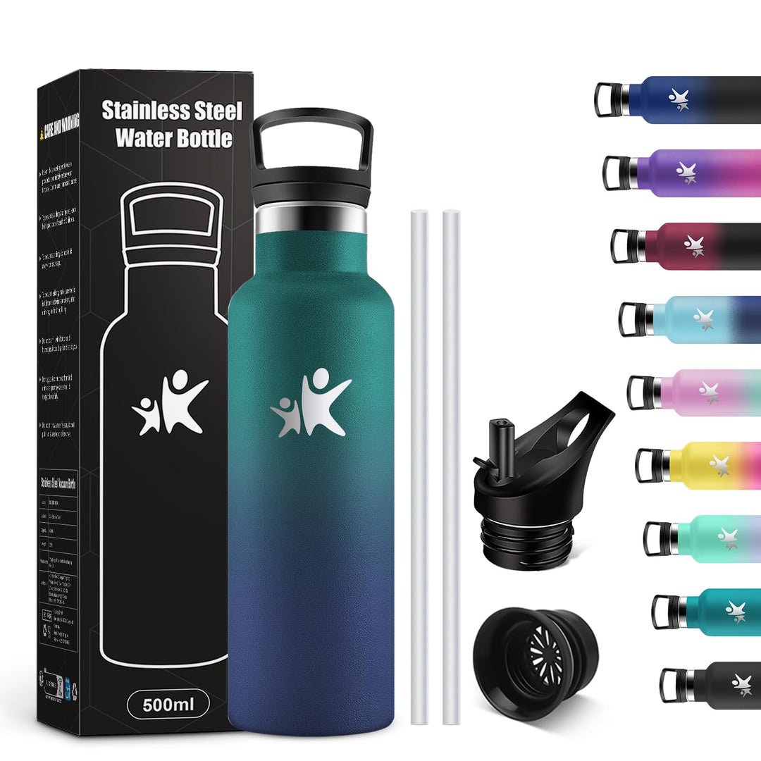 KollyKolla Trinkflasche Kinder 500ml, Thermoskanne mit Strohhalm, Kohlensäure Geeignet, BPA-Frei, Va