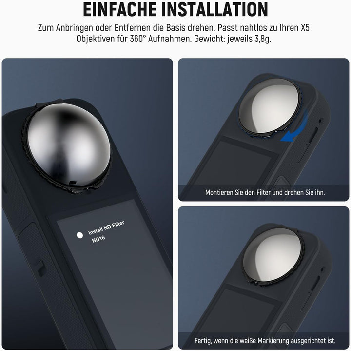 NEEWER ND Filter kompatibel mit Insta360 X5, ND16 Objektiv Filter Set, 4 Stop Lichtreduzierung, aufs
