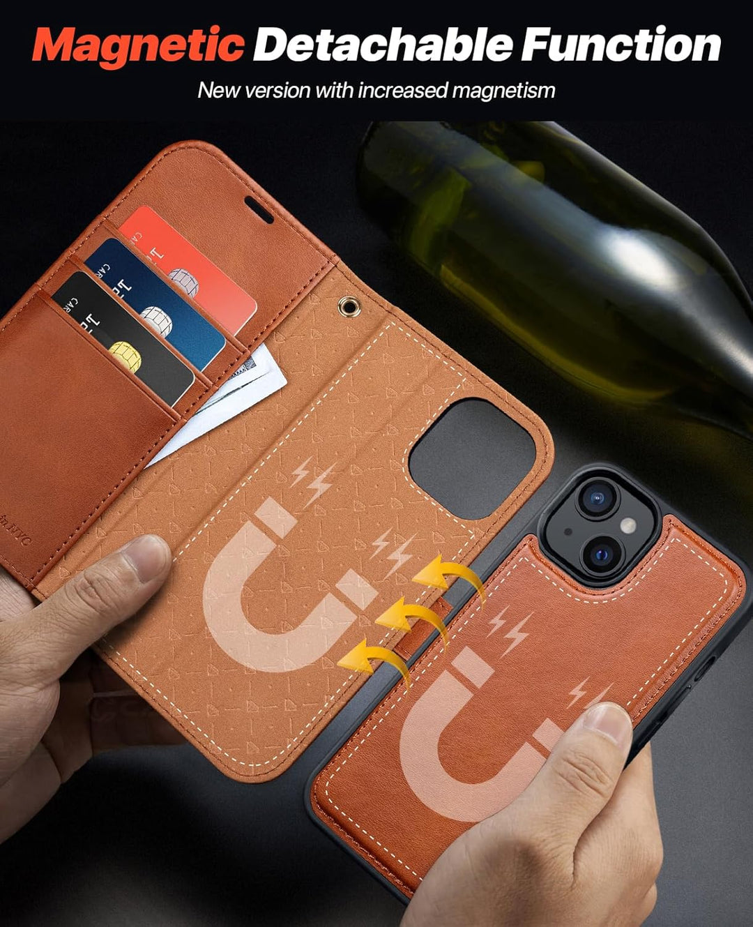 OCASE iPhone 15 Plus Hülle(2in1) Leder Stossfestes Case [Abnehmbare magnetische Hülle] [Kabelloses L