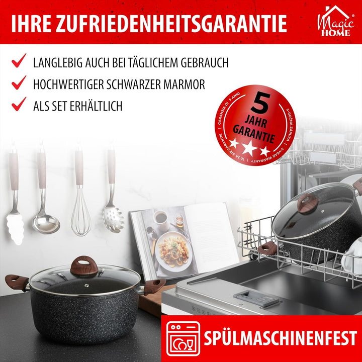MAGIC HOME Aluguss Topf 28 cm INDUKTION | Marmor Antihaft | Grosser Beschichteter Kochtopf mit Glasd