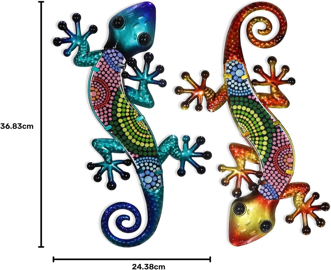 HONGLAND Metall-Gecko-Wandkunst, 2 Stück, 38,1 cm, Eidechse, Outdoor-Dekoration, hängende Glasskulpt