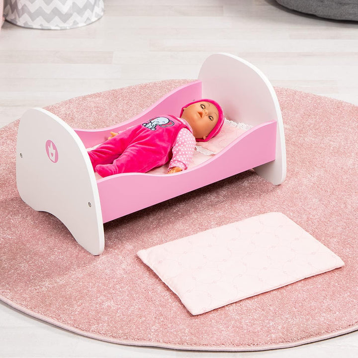 Bayer Design 54201AA Puppenbett aus Holz, mit Bettwäsche, Kissen und Bettdecke, rosa, Klein, 50 x 33
