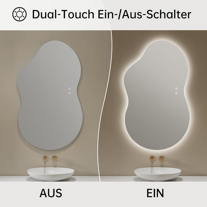 Spiegel mit Beleuchtung Asymmetrischer LED Badspiegel 100 x 60 cm mit Touch-Schalter, Dimmbar 3 Lich