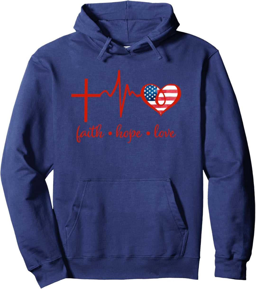 Faith Hope and Love Christian 4th of July Fourth Flag Pullover Hoodie