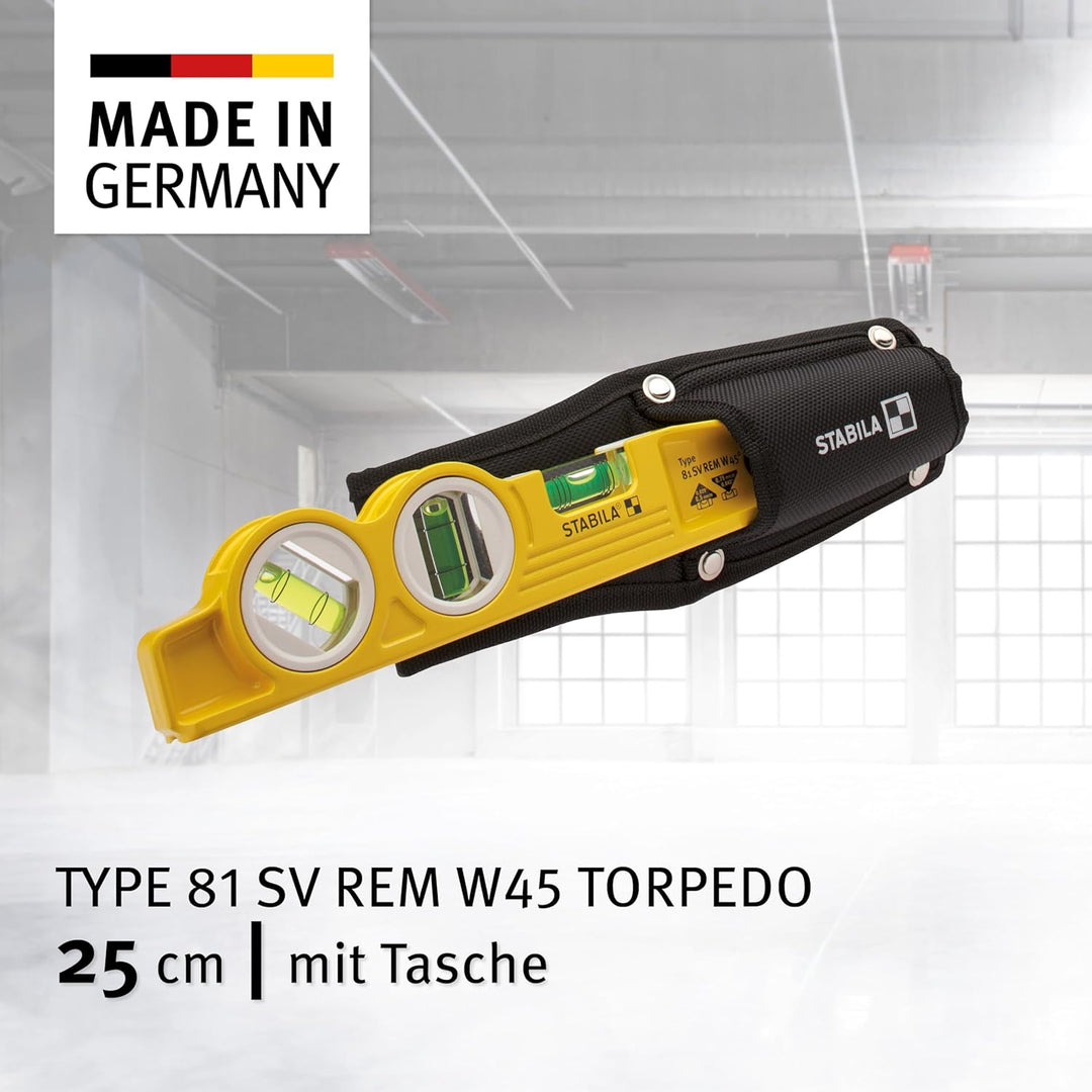 STABILA Magnet-Wasserwaage Type 81 SV REM W45 Torpedo mit Tasche, 25 cm, Alu-Gussprofil, Seltenerd-M