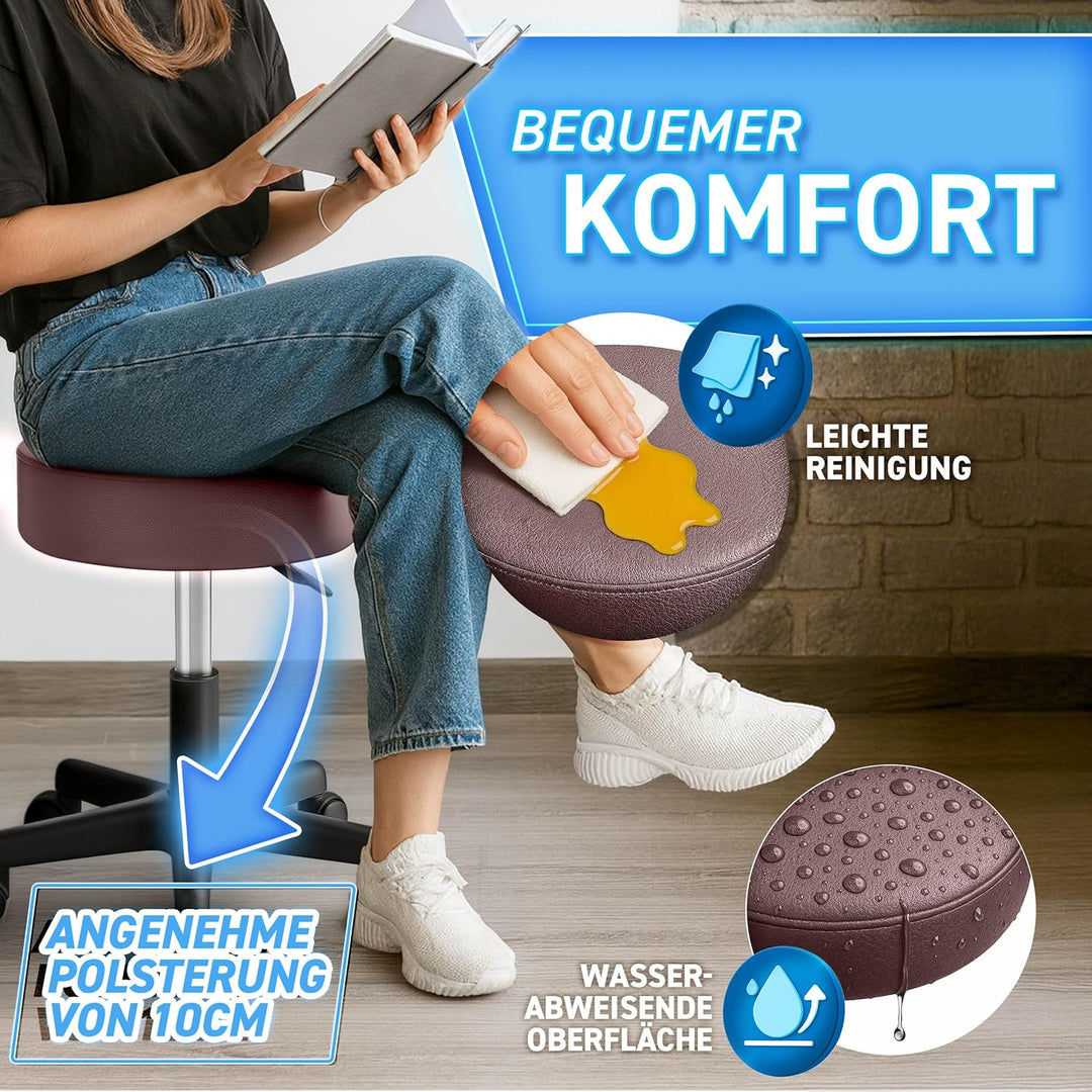 TRESKO® Rollhocker höhenverstellbar 10 cm Dicke Polsterung bis 150 kg | Hocker 47-60cm | Arbeitshock