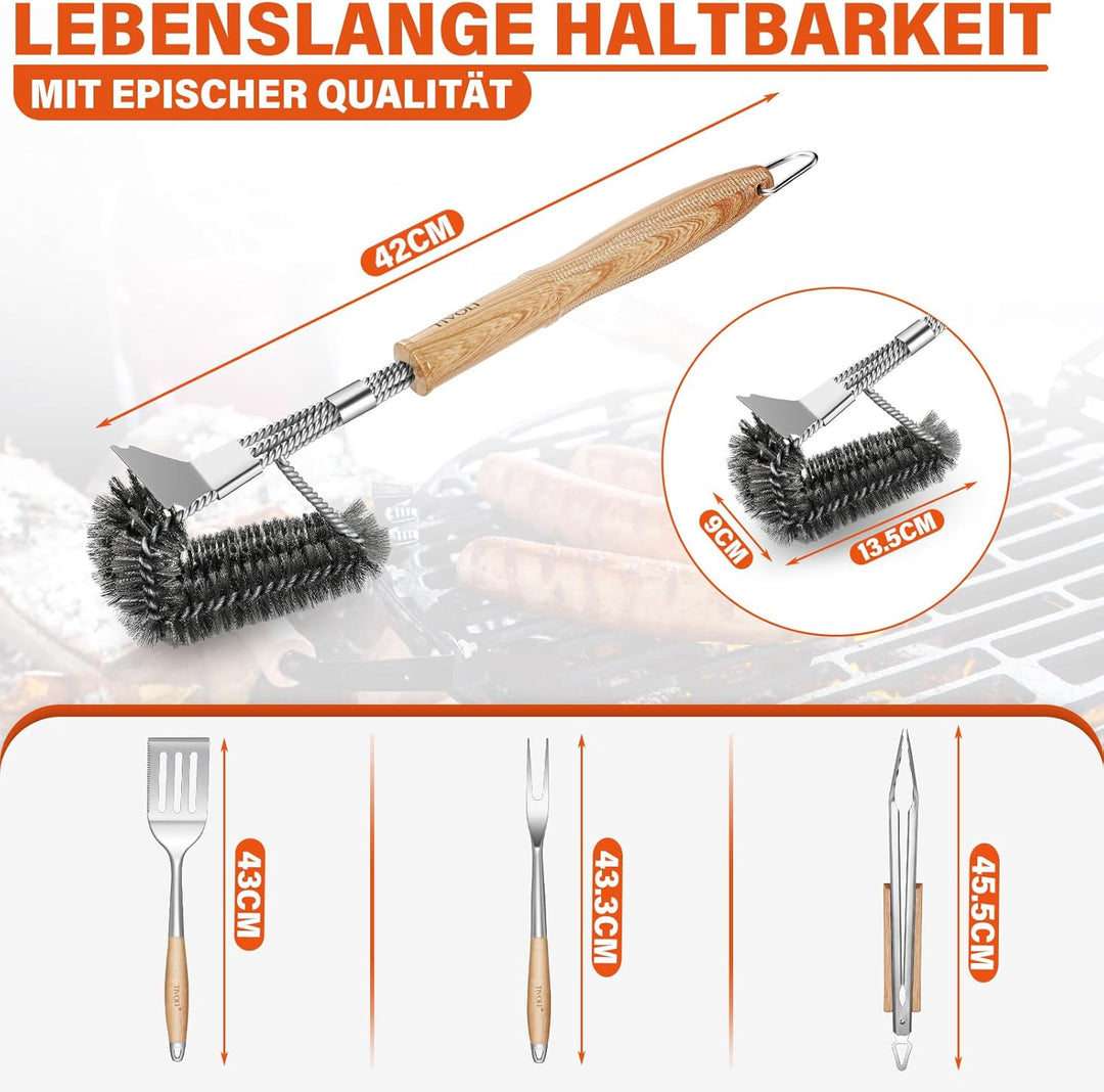 TIVOLI Grillbesteck Set 4-teilig, aus hochwertigem Edelstahl Gefertigt, mit Sicheren Holzgriffen, in