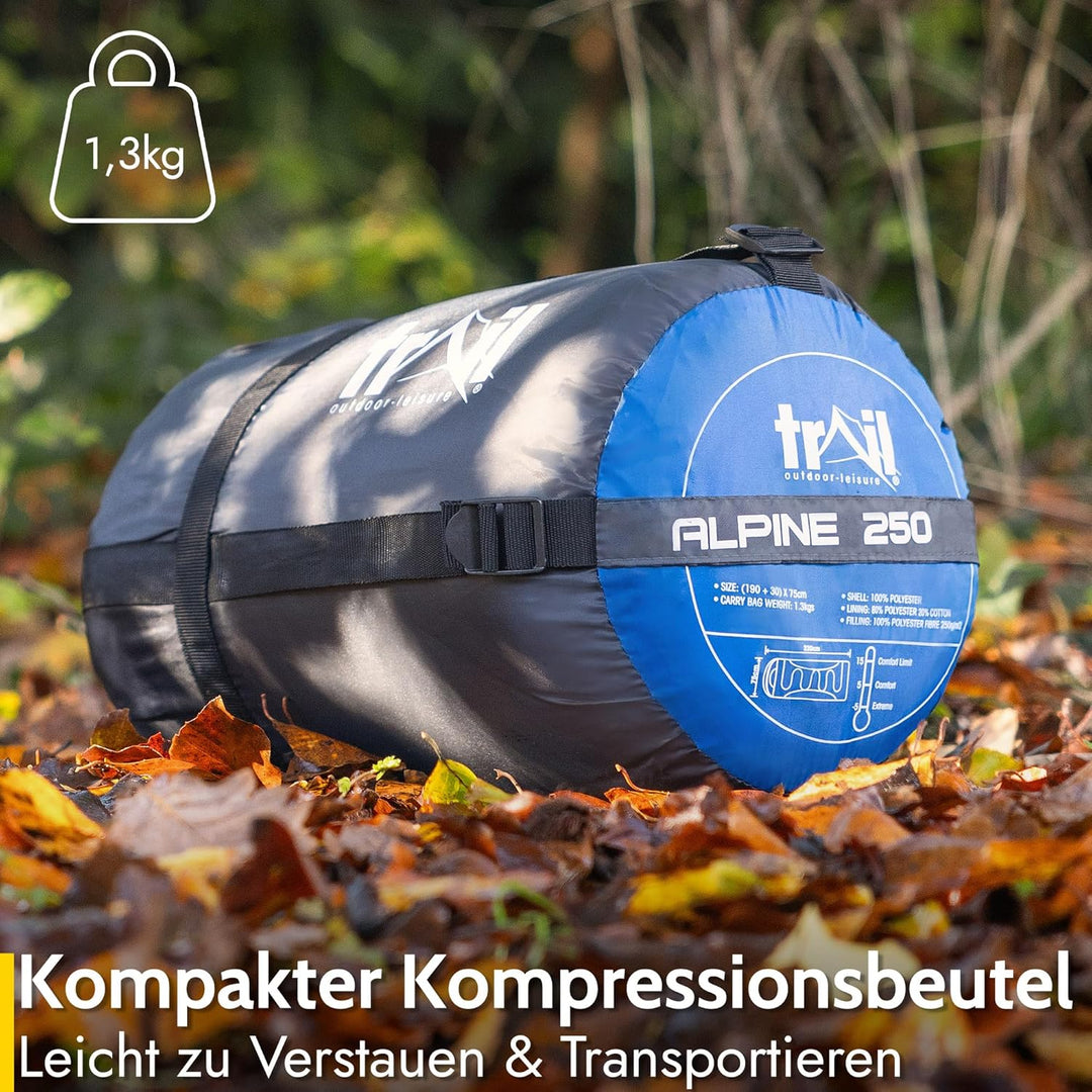 Trail-Alpin-Schlafsack mit Kapuze – 250 g Schlafsack, 3-Jahreszeiten- Schlafsack. Leicht, kleines Pa