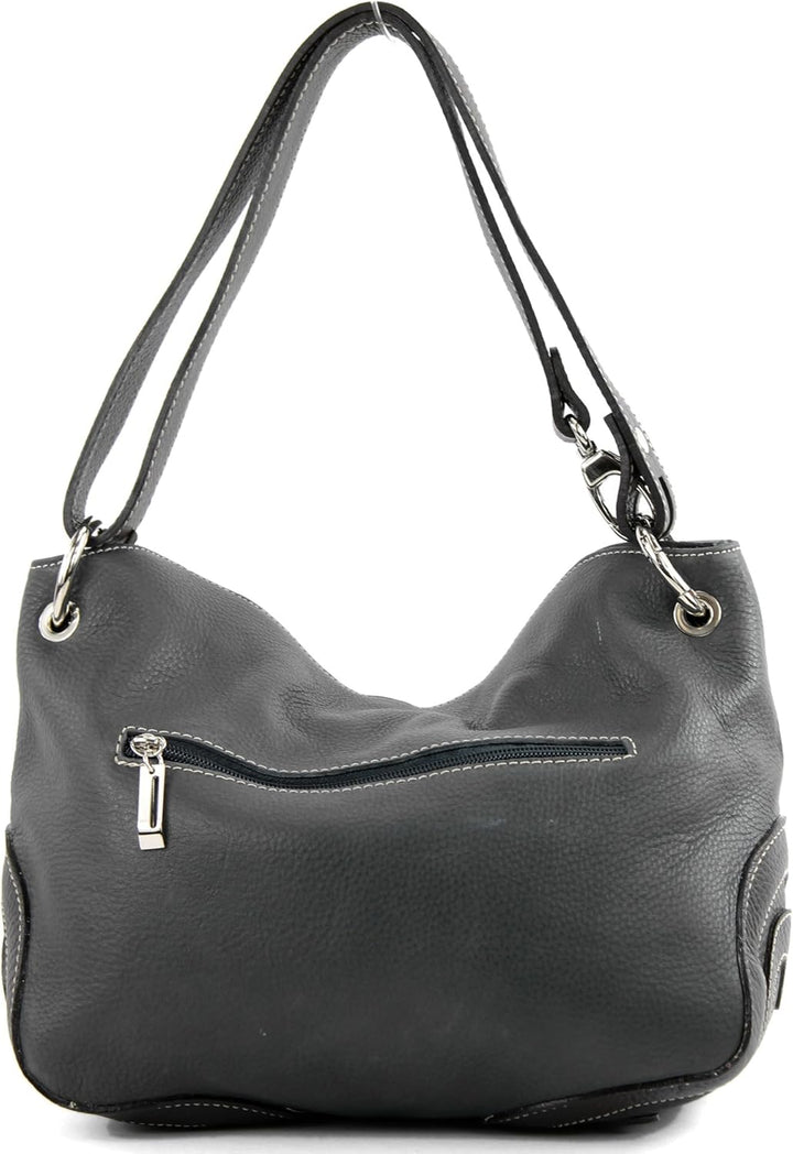 modamoda de - T10 - ital. Leder Schultertasche Umhängetasche Dunkelgrau/Dunkelbraun, Dunkelgrau/Dunk