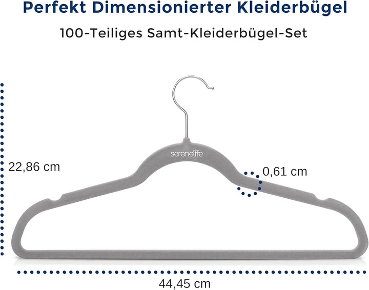 SereneLife Graue Kleiderbügel Samt 100 Stück, Kleiderhaken für Aufbewahrung &amp; Organisation, Bügel ru