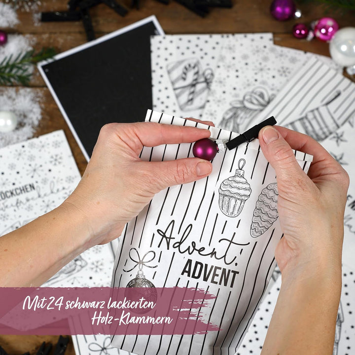 Papierdrachen Adventskalender 2025 zum Befüllen - 24 weisse Papiertüten mit Zahlenaufklebern - Motiv
