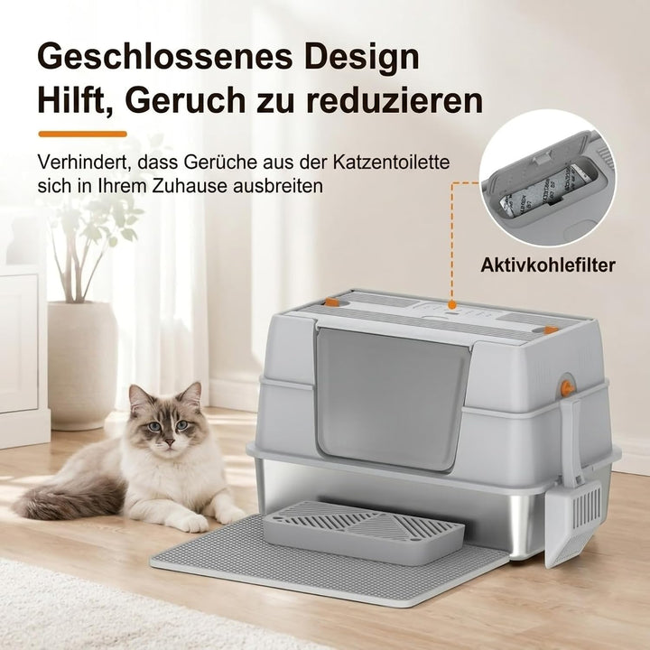 Geschlossene Katzentoilette aus Edelstahl mit Deckel, seitlicher Einstieg aus Metall für grosse Katz