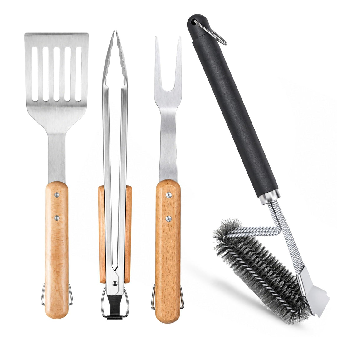 Grillbesteck Set 4-teilig Edelstahl Holzgriff Zange Wender Gabel Bürste | Grillbesteck mit Akazienho