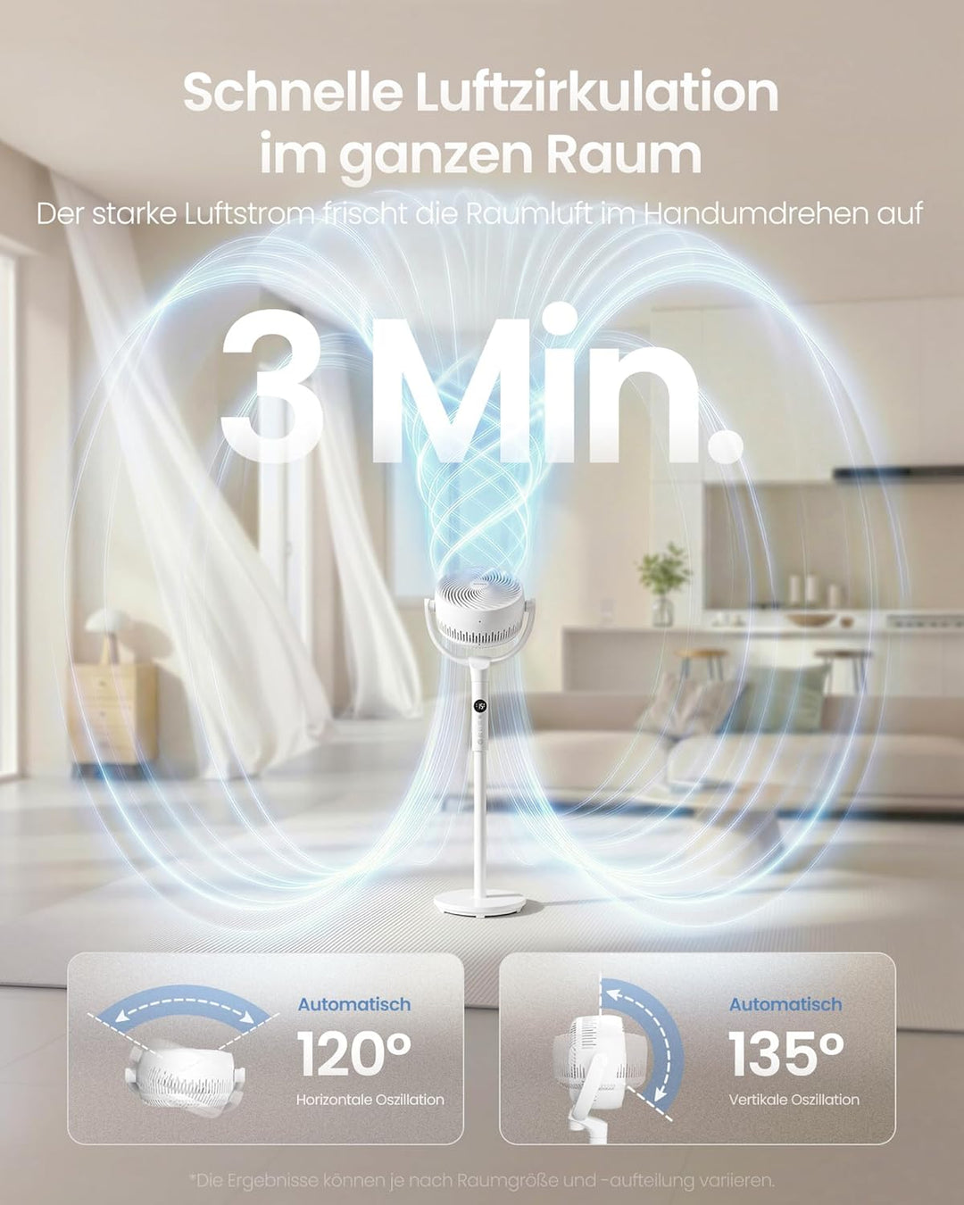 SONGMICS Standventilator, Ventilator leise 20 dB mit Fernbedienung, Luftzirkulator 120° und 135° Osz