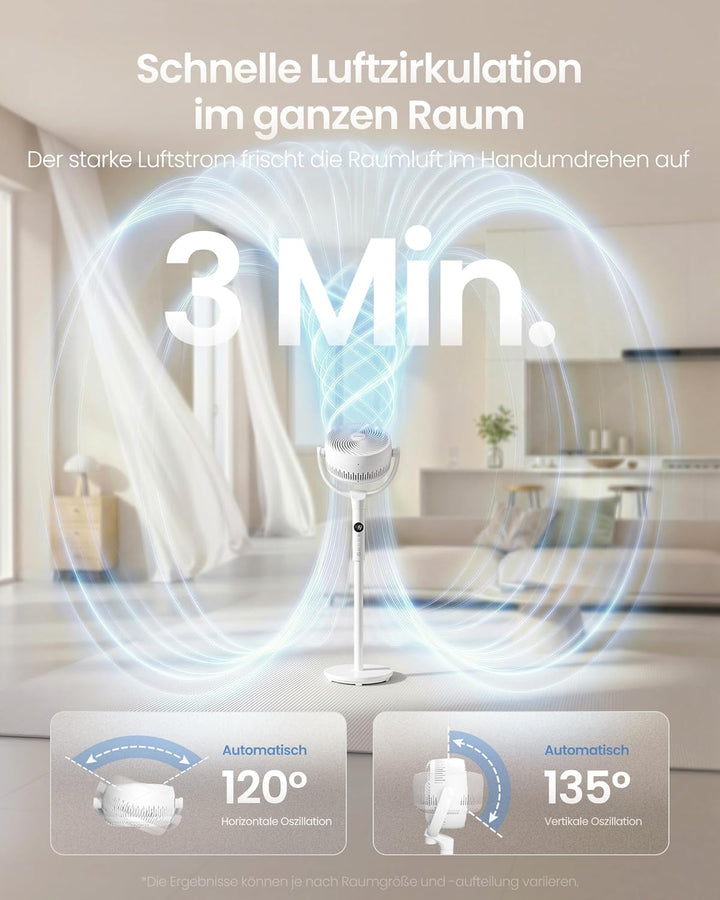 SONGMICS Standventilator, Ventilator leise 20 dB mit Fernbedienung, Luftzirkulator 120° und 135° Osz