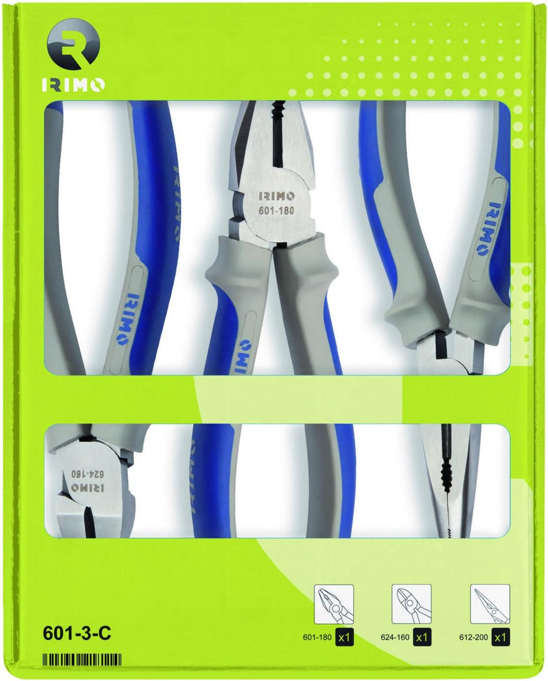 Juego 3 alicates (universal 180mm, cortante 160mm, semirredondo 200mm)