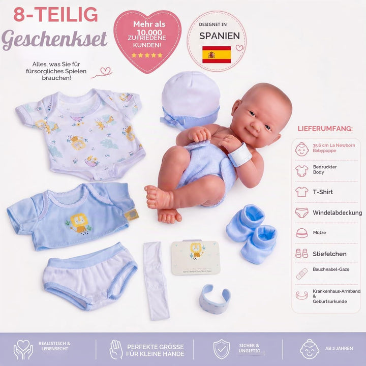 JC TOYS - La Newborn Neugeborene, 38 cm, weiches Vinyl, inkl. Kleidung und 8 Accessoires, Blau, entw