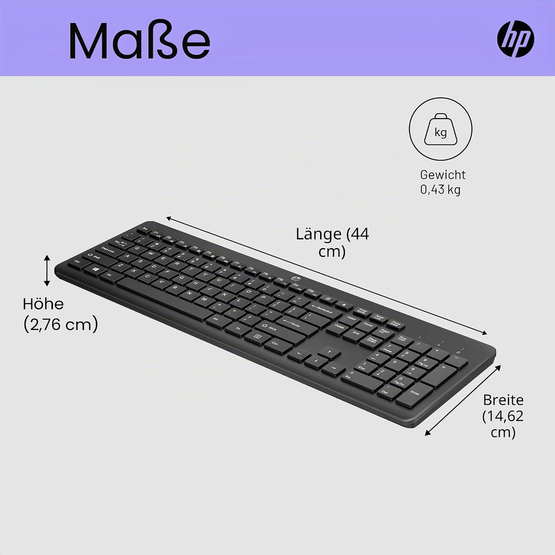 HP 230 kabellose Tastatur, leise und komfortable Tastenanschläge, Nummernblock, QWERTY-Layout, kompa