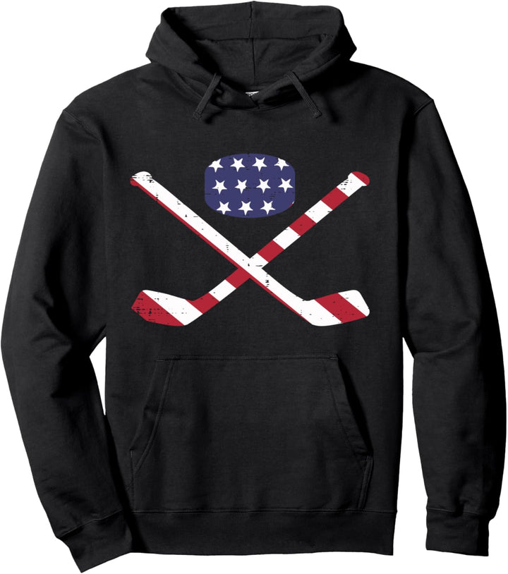 Eishockeyschläger mit amerikanischer Flagge, Puck, Vintage-Stil, patriotischer Spieler Pullover Hood