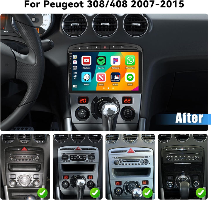 Hikity 2GB+64GB Android 15 Autoradio für Peugeot 308/408 2007-2015 Radio Wireless CarPlay Android Au