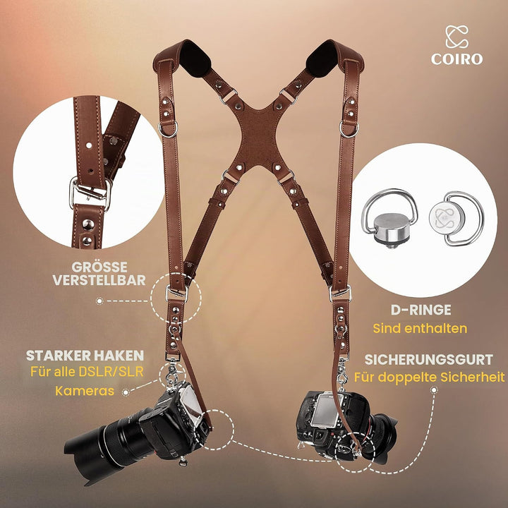 C Coiro Kamera-Zubehör Slim Dual Harness Zwei Kameras - Schulterriemen aus Leder, Braun, Einstellbar