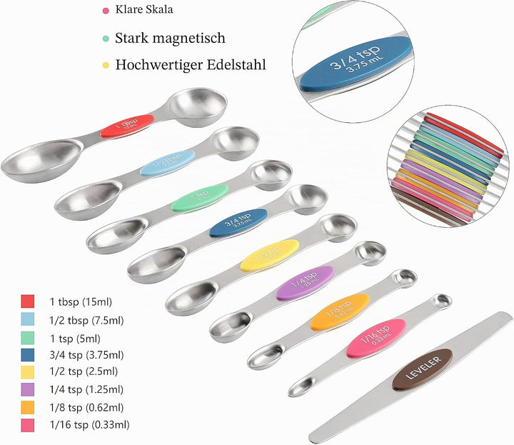 Messbecher und Löffel Set aus Edelstahl inkl. 8 stapelbaren Messbechern, 8 doppelseitige magnetische