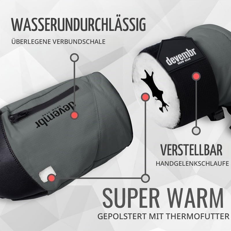 devembr Ski-Fäustlinge mit Handgelenkschützern, Warme Snowboard-Fäustlinge, Wasserdicht (S/M/L) Grau