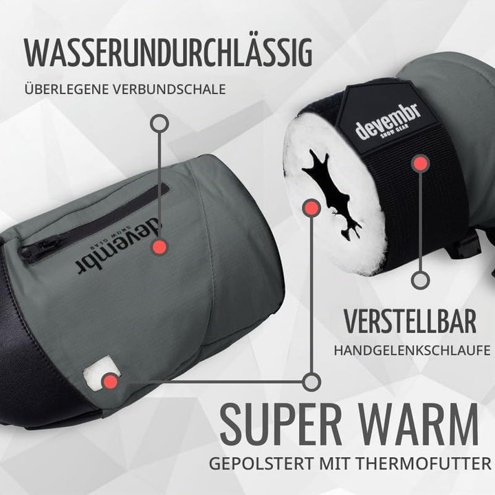 devembr Ski-Fäustlinge mit Handgelenkschützern, Warme Snowboard-Fäustlinge, Wasserdicht M Grau, M Gr