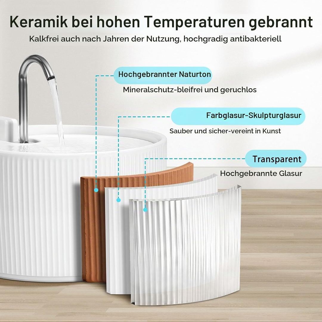 Katzenbrunnen Keramik, 2.2L Trinkbrunnen für Katze, Super Leiser Wasserspender für Haustiere mit Akt