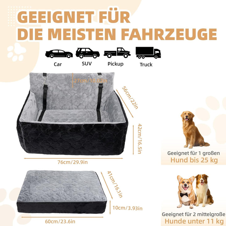 Hunde Autositz für mittlerer grosse Hunde,waschbarer Hundebett Auto für den Rücksitz, Grau+schwarz,