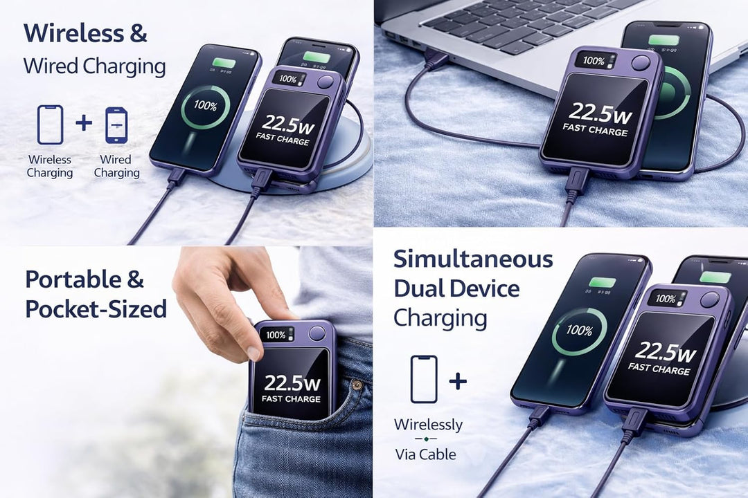 Magnetische Powerbank 10000mAh Mini 22.5W PD Schnellladen mit LED Display – kompatibel mit Samsung,