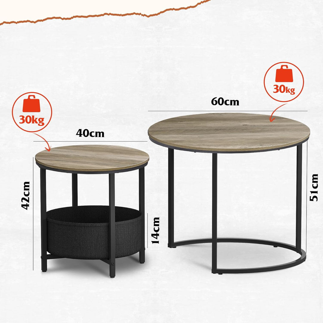 WLIVE Couchtisch Rund 2er Set, Kleiner Beistelltisch mit Stoffkorb, Satztische Wohnzimmertisch mit M