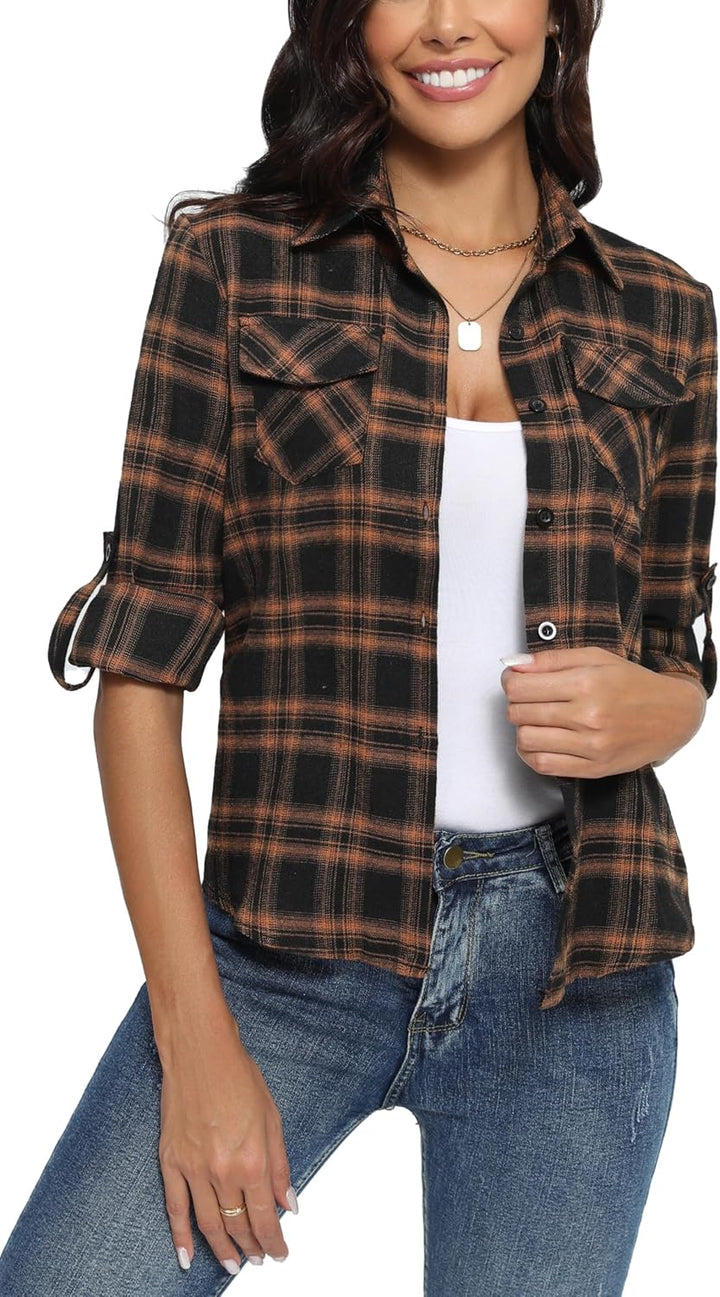 Yukiuiny Damen Karierte Bluse 100% Baumwolle Langarm Weiches Flanellhemd Casual Button-down Holzfäll