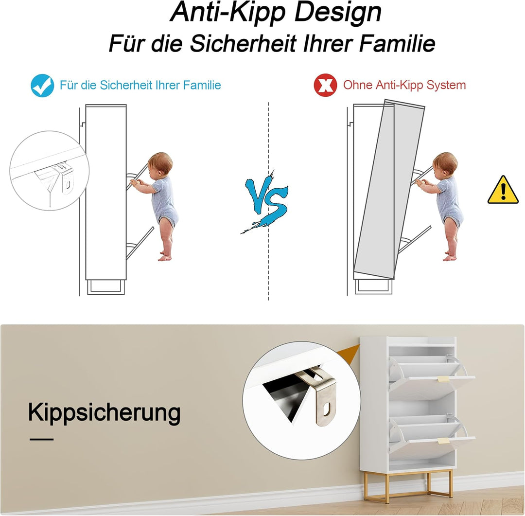 UEV Schuhschrank mit 2 Klappen Schmal, Schuhkipper für Flur Wohnzimmer, Schuhkommode mit Kippschutz,