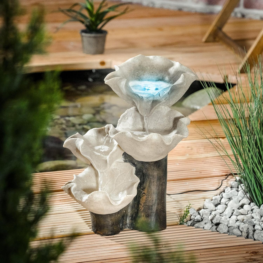 esotec Lotusblätter Solarbrunnen, Akku, LED, Kaskadenbrunnen, freistehender Springbrunnen, Lotus Gar