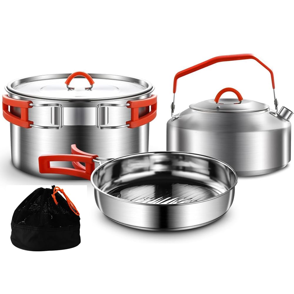 Camping Kochset, Camping Kochgeschirr Set, 304 Edelstahl Camping Töpfe und Pfannen Set, beinhaltet T