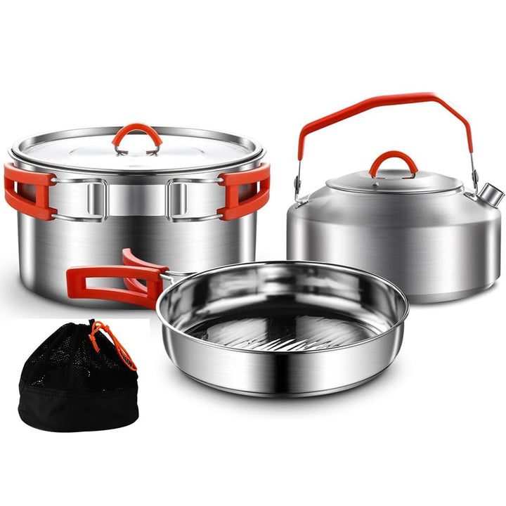 Camping Kochset, Camping Kochgeschirr Set, 304 Edelstahl Camping Töpfe und Pfannen Set, beinhaltet T