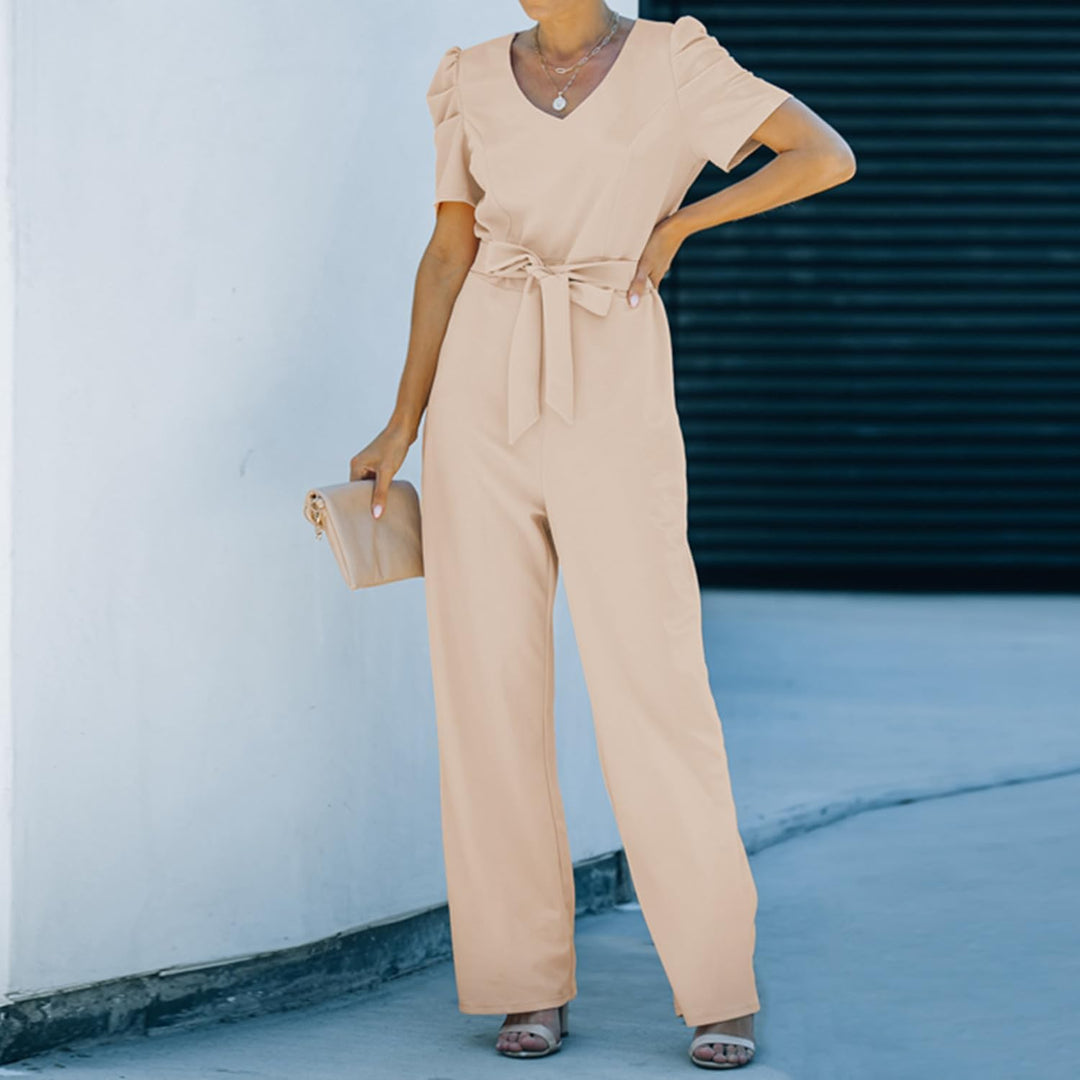 Damen Lang Jumpsuit Overall Hosenanzug Elegant Romper Kurzarm Rundhals Playsuit mit Gürtel Hosenanzu
