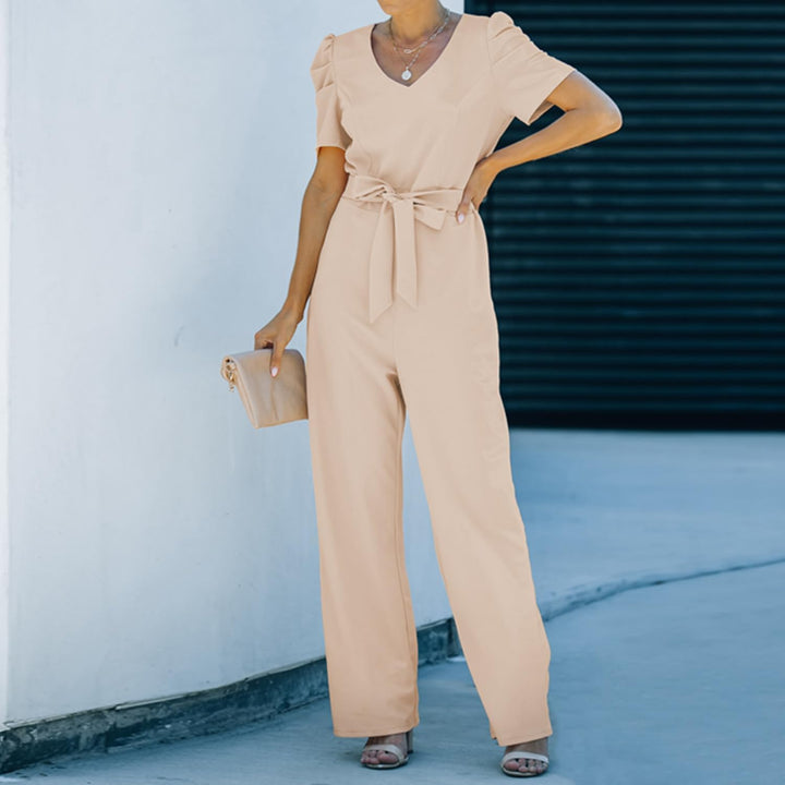 Damen Lang Jumpsuit Overall Hosenanzug Elegant Romper Kurzarm Rundhals Playsuit mit Gürtel Hosenanzu
