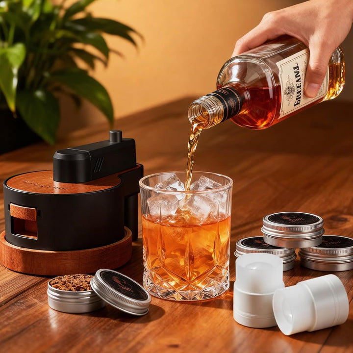 Whiskey-Smoker-Set mit integriertem Feuerzeug, 6 Sorten Holzspäne, 2 Gläser, 2 Eisballformen, Cockta