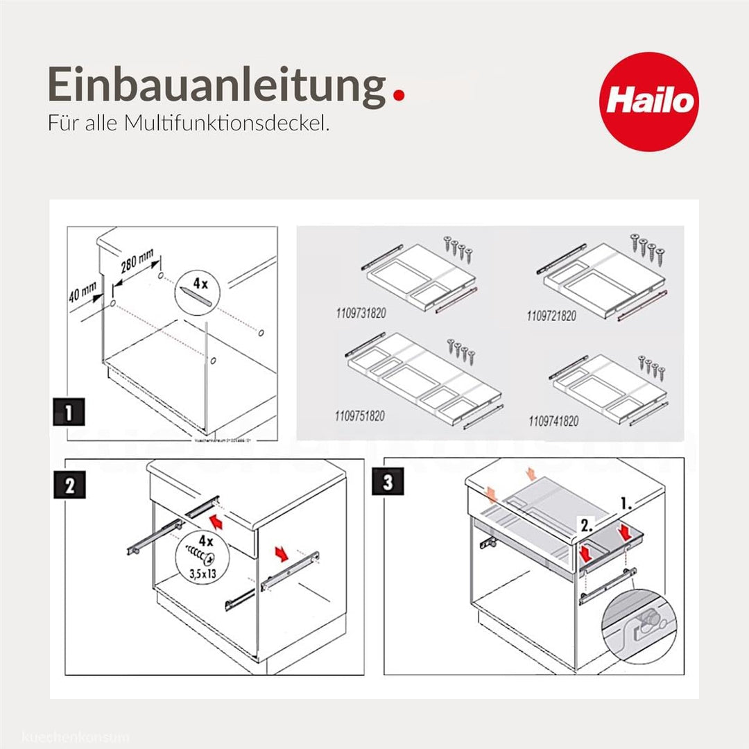 Hailo Tablarboden mit Führungsschiene | Passend für 45er Unterschrank | Einlegeboden für Küchen-Unte