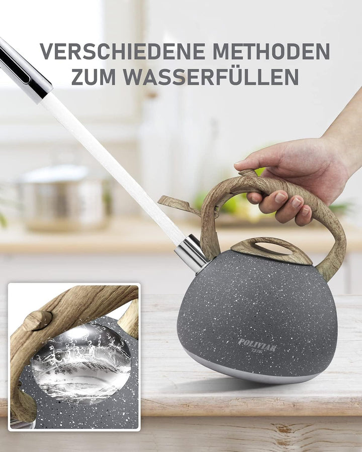Poliviar Moderne Wasserkessel Induktion Pfeifkessel aus Edelstahl, Teekessel für alle Kochplatten, F